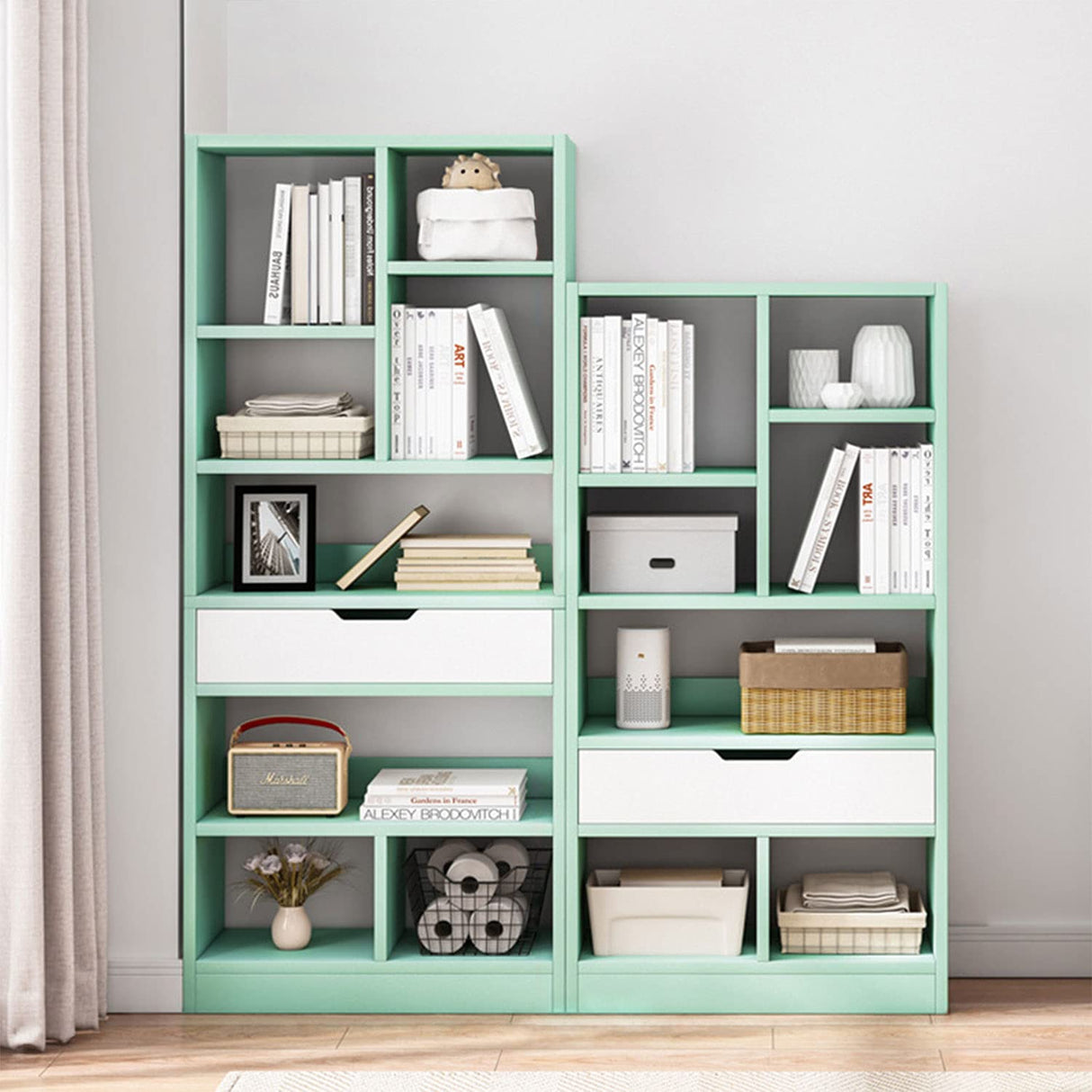 IOTXY Wooden Open Shelf Bookcase - 61 Inches Height Freestanding Display Storage Cabinet Organizer with 8 Cubes and a Drawer, Floor Standing Bookshelf in Tiffany-Green IOTXY