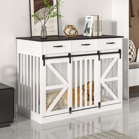 Saudism 2-in-1 Farmhouse Dog Crate Furniture - Wooden Large Dog Kennel with Drawers Storage - Double Doors - Indoor TV Stand - Inner Height: 24 Inches - Ideal for One Big Dog or Two Small Dog - WoodArtSupply