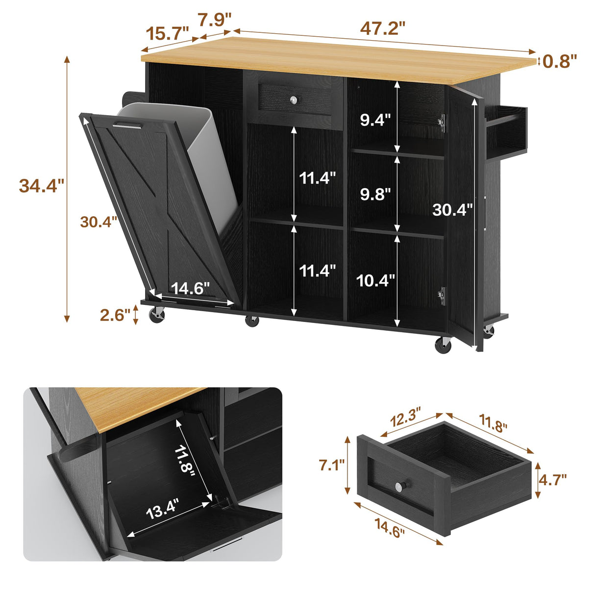 Rolling Kitchen Island with Trash Can Storage, Kitchen Island Cart with Drop Leaf Countertop, 47.2” Kitchen Island on Wheels, Island Table with Drawer & Shelf for Kitchen, Fits 10-Gallon Bins spanspace