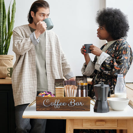 QUALLON Coffee Station Organizer with Small Removable Dividers, Wooden Coffee Bar Accessories Storage For Countertop, Farmhouse Kcup Coffee Pod Holder Basket With Handle For Coffee Lover QUALLON