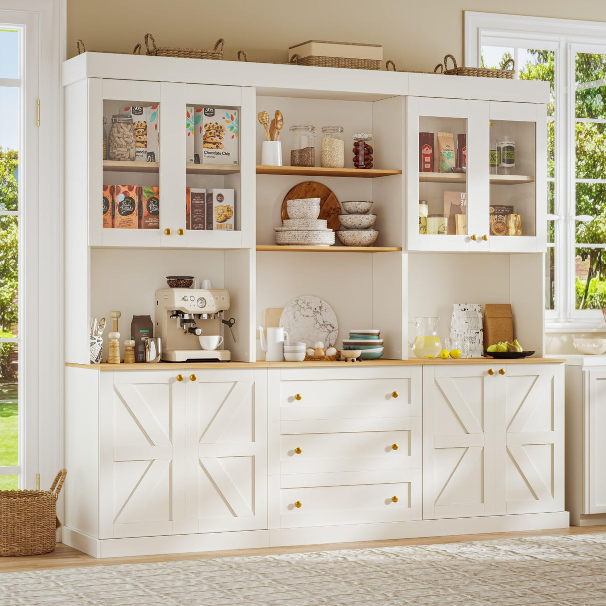 71" Tall Farmhouse Kitchen Pantry, Large Storage Cabinet with Glass Doors, Freestanding Coffee Bar Hutch with Microwave Stand, Adjustable Shelves for Kitchen, Living Room, Set of 3, White ivaniti
