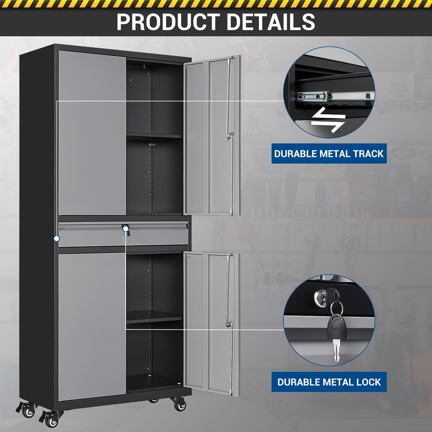 Fesbos 73" Metal Cabinet-Black&Gray Heavy Duty Rolling Storage Cabinet Steel Tool Cabinets with Wheels, Shelves, Lockable Doors and Drawers- for Garage, Pantry, Warehouse - Assembly Required