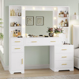 Hasuit 48.8'' Large Vanity Desk with Lighted Mirror & Power Outlet, White Makeup Vanity Table with 6 Drawers, 4 Shelves and 1 Storage Cabinet, Glass Tabletop Bedroom Dressing Table, 3 Lighting Modes Hasuit