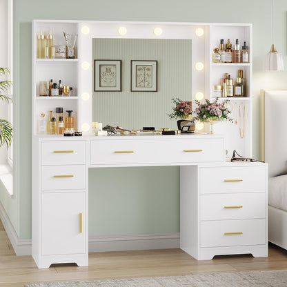 Hasuit 48.8'' Large Vanity Desk with Lighted Mirror & Power Outlet, White Makeup Vanity Table with 6 Drawers, 4 Shelves and 1 Storage Cabinet, Glass Tabletop Bedroom Dressing Table, 3 Lightin - WoodArtSupply