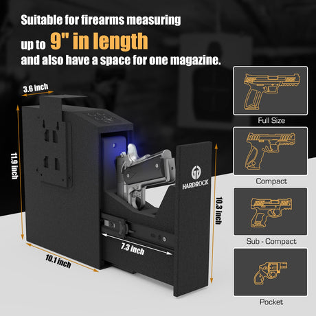 HARDROCK Biometric Slider Gun Safe for Handgun,Hidden Fingerprint Gun Safe Box for Home Nightstand Desk Bedside,Wall Mounted Lock Quickly Access Sliding Door Pistol safes,PIN Code Key HARDROCK