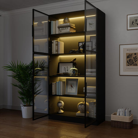 Bobve 5-Tier Elegant Glass Display Cabinet with 4 Doors for Collectibles and Books, 78.7" Tall Bobve