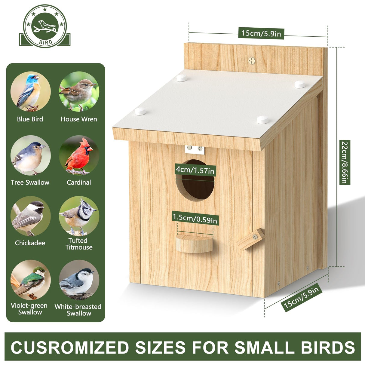 Bird Houses for Outside, Bluebird House with Standing Perch, Hanging Wood Bird House with Waterproof Acrylic Plate for Small Birds Bluebird Finch Swallow Wren Chickadee Assembly Required Chuiendi