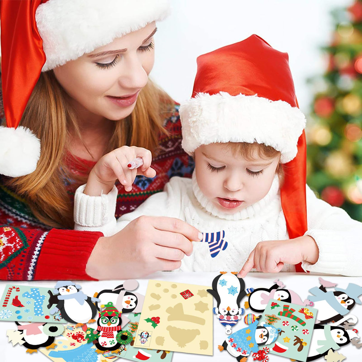 28 Pack Winter Christmas DIY Crafts Kit for Kids, Make Your Own Christmas Penguin Ornaments Stickers Cutouts Art Crafts Bulk for Kids Winter Holiday Xmas Home Class Art Game Activities Party Favors VABAMNA