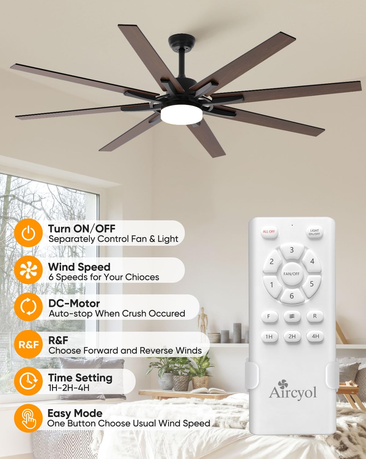 72 inch Large Ceiling Fans with Lights and Remote Indoor/Outdoor Ceiling fan for Living Room Patio Gazebo Kitchen Farmhouse Ceiling Fan Industrial 6 Speed Reversible Quiet DC Motor Dual Side 8 Blades Aircyol