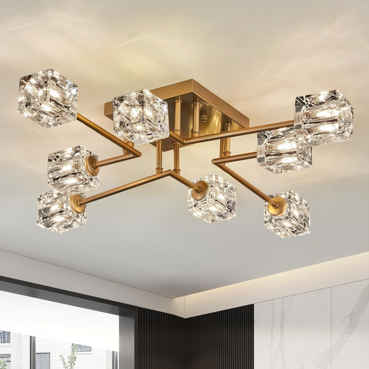 Qgiytp Vintage Gold Semi Flush Mount Ceiling Light 8-Light Glass Sputnik Chandeliers Mid Century Modern Crystal Ceiling Light Fixture for Living Room Dining Room Bedroom Kitchen Foyer Qgiytp
