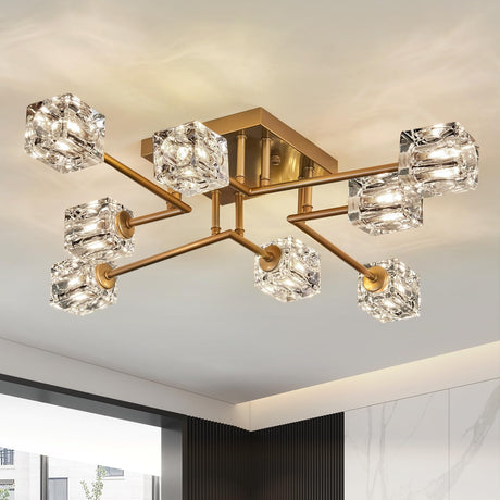 Qgiytp Vintage Gold Semi Flush Mount Ceiling Light 8-Light Glass Sputnik Chandeliers Mid Century Modern Crystal Ceiling Light Fixture for Living Room Dining Room Bedroom Kitchen Foyer Qgiytp
