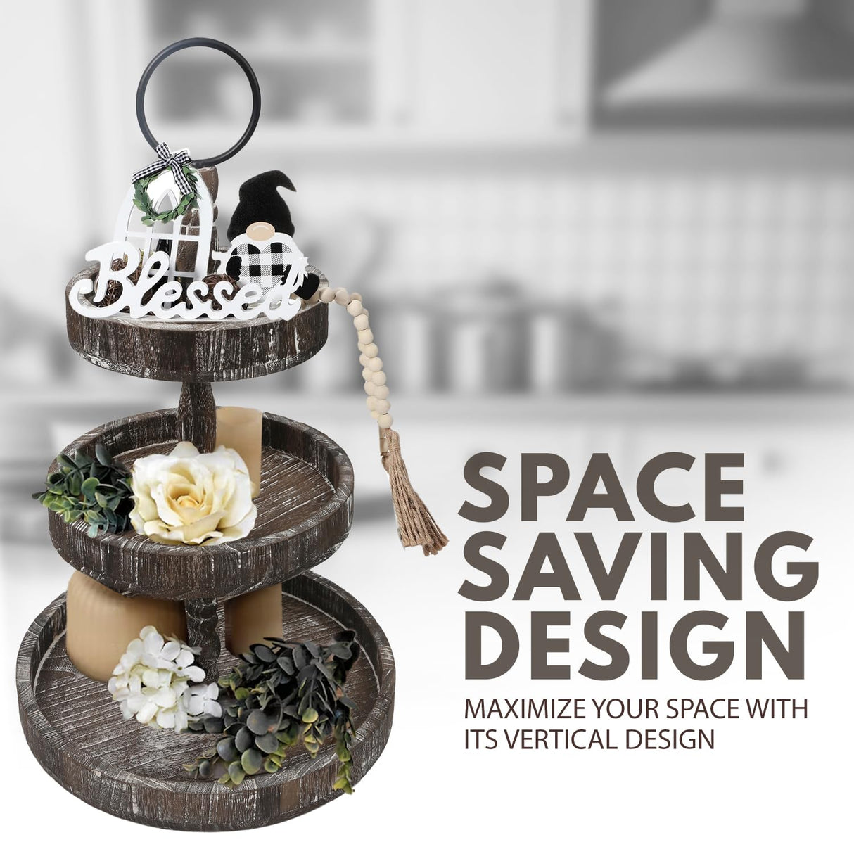 AONEHOME Adjustable 3 Tiered Tray Stand with 3 pcs Farmhouse Decor for Party AONEHOME