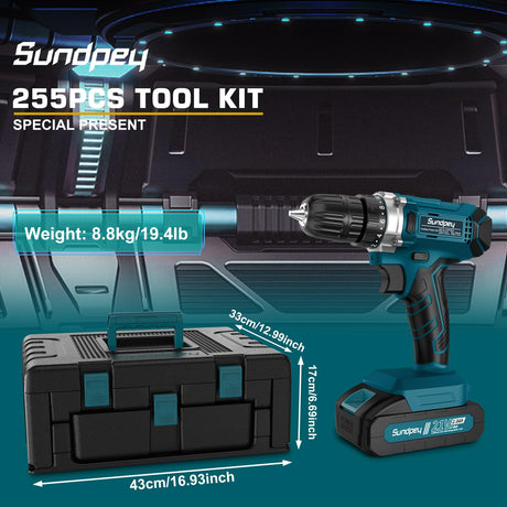 Tool Kit with 21V Cordless Drill - Sundpey 255-PCs Portable Complete General Basic Home and Auto Repair Tool Set with Drawer for Handyman & Diyer & Homeowner - Power Drill with 2 x 2.0Ah Batteries Sundpey