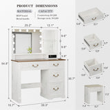 Lareth Farmhouse Vanity Desk with Lighted Mirror & Power Outlet, 39 inch Rustic Makeup Vanity Table with Drawers and Stool, Hollywood Mirror with 3-Color Lights, White Dressing Table for Women Girls Lareth