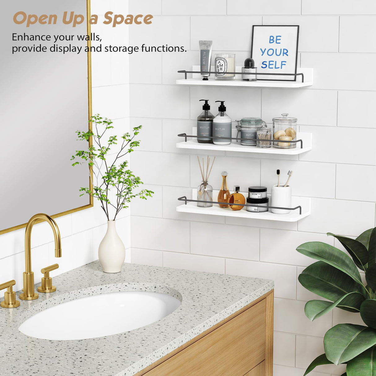 Forbena White Floating Shelves Bathroom Shelves Over Toilet Set of 3, Bathroom Organizers and Storage Shelves Wall Mounted, Modern Wood Corner Wall Shelf for Bedroom Closet -White and Dark Grey Forbena