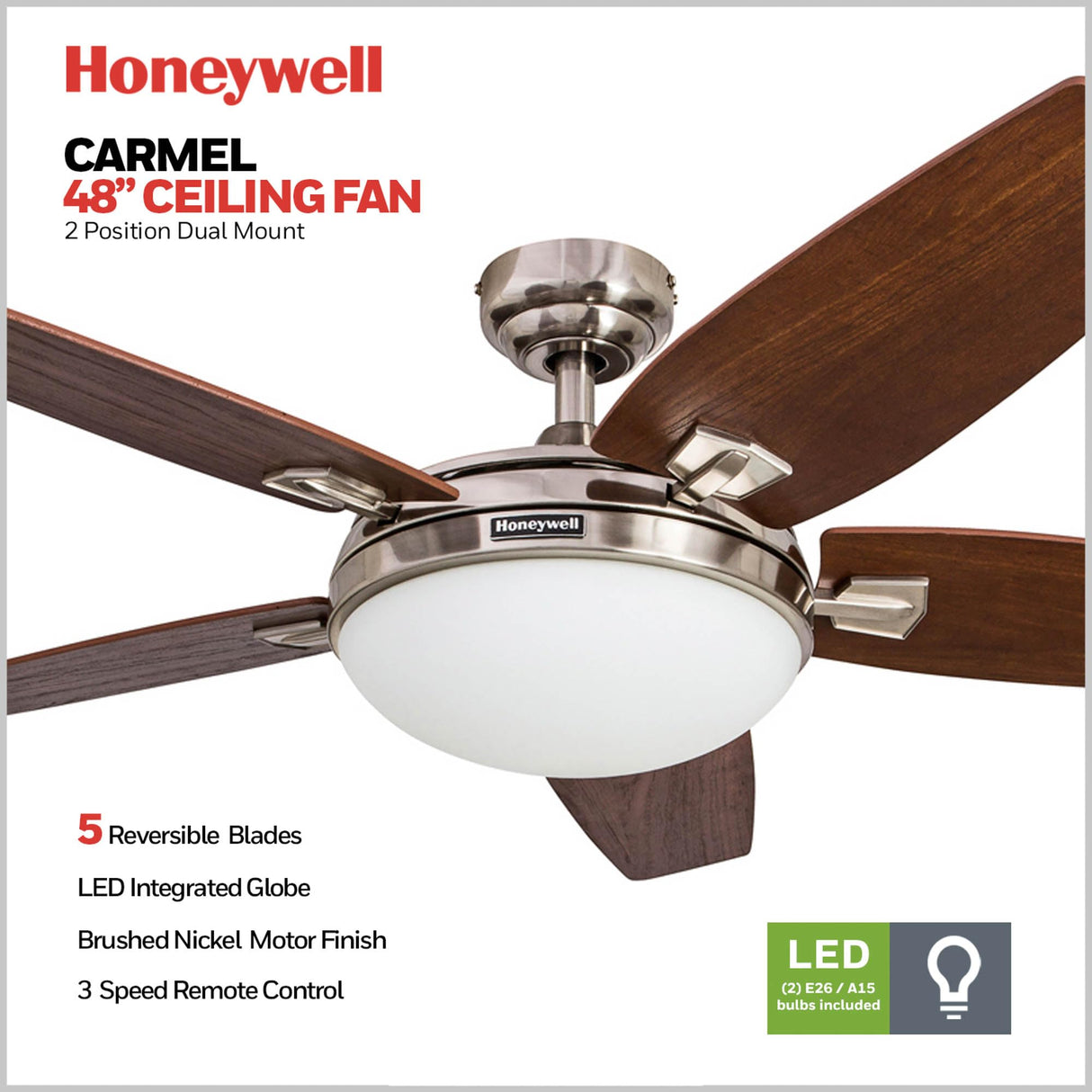 Honeywell Ceiling Fans Carmel Modern 48 Inch Ceiling Fan with Light, Remote Control Fan, LED Indoor Fan with 5 Blades, Redwood and Brown Rosewood Blade Finish Options, Brushed Nickel (50196-01) Honeywell