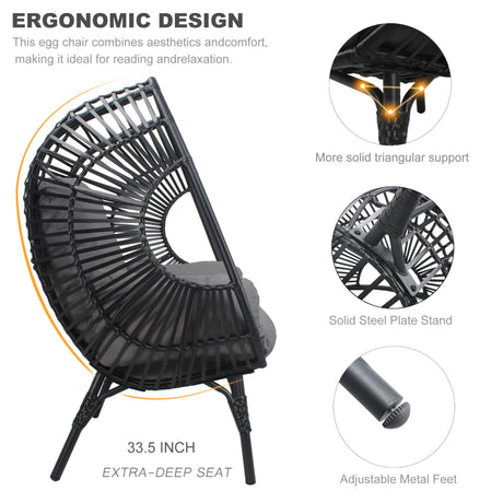 TQKVIPI Oversized Wicker Egg Chair, Outdoor Indoor Rattan Patio Egg Lounge Chairs with Cushion 500lbs Capacity for Living Room, Balcony, Backyard(Black) TQKVIPI