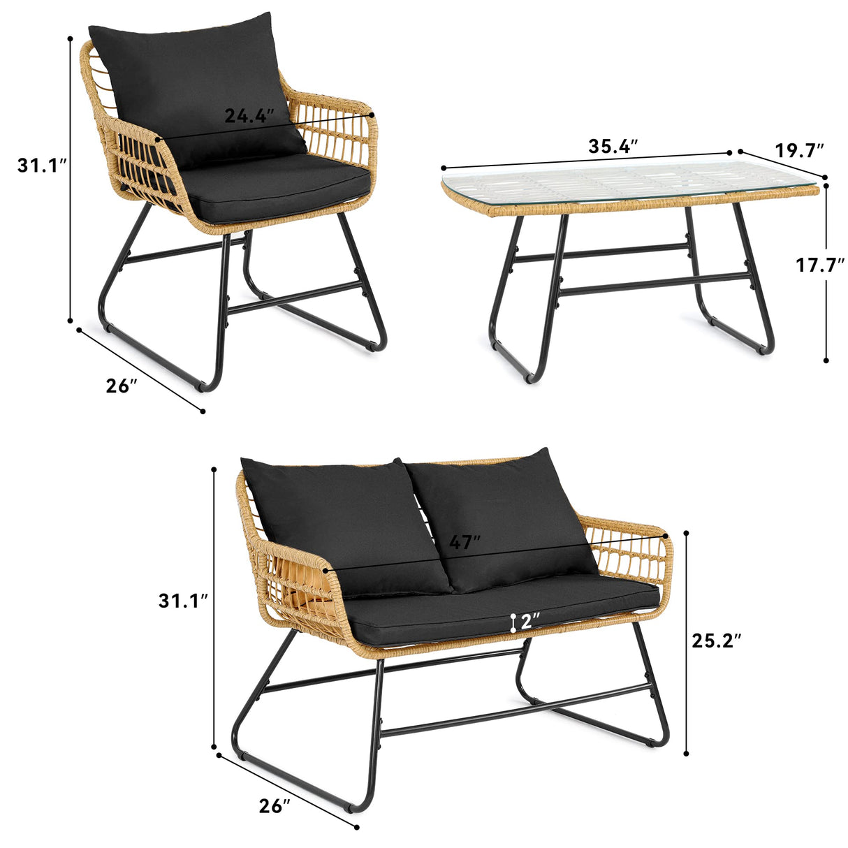 YITAHOME Patio Furniture Wicker Outdoor Bistro Set, 4-Piece All Weather Patio Furniture Rattan Conversation Loveseat Sets for Backyard, Balcony and Deck, Light Brown+Black YITAHOME