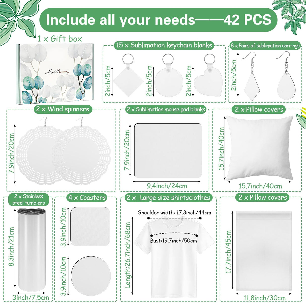 Menkxi 42 Pcs Sublimation Products Set Include Blanks 20 oz Tumblers Wind Spinners T Shirts Keychain Earring Pillow Cover Mouse Pad Coaster Garden Flag Gift Box for DIY Transfer Heat Press Printing Menkxi