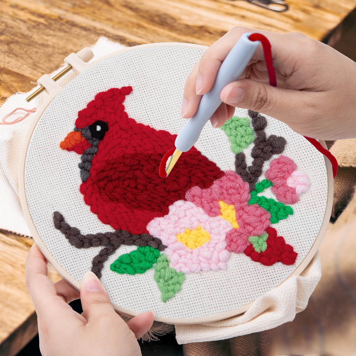 Louise Maelys Beginners Punch Needle Kits,for Starter Adults,Rug Cross Stitch Kit Tool Including Handle Embroidery Pen,Cloth,Hoop,Threads and Instruction-Cardinal Bird Pattern Louise Maelys