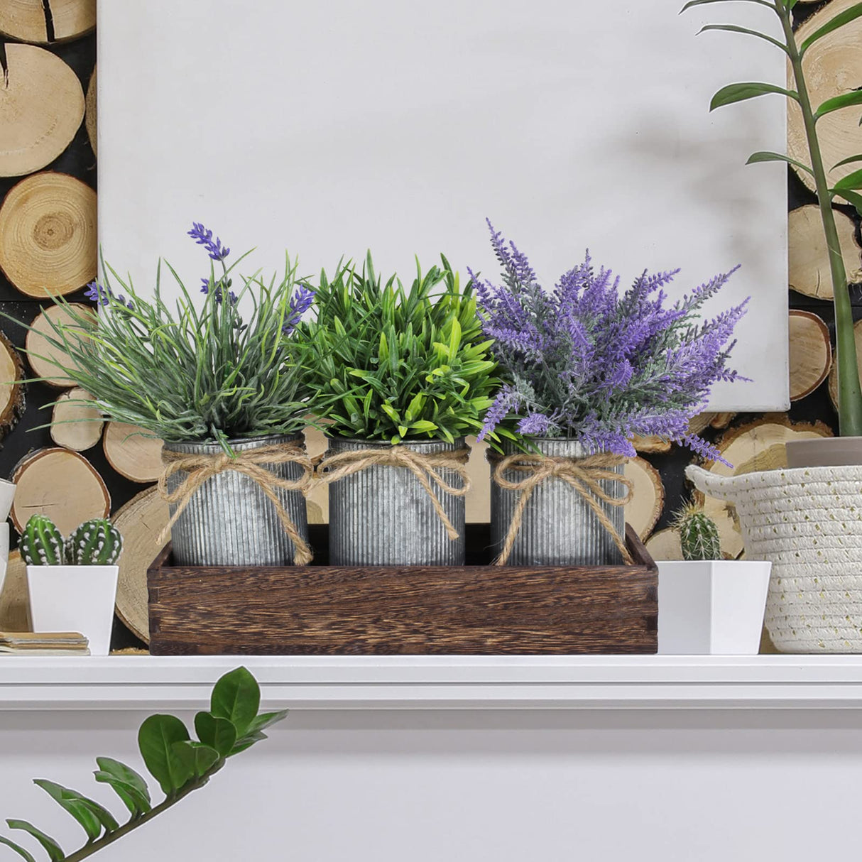 Set of 3 Small Potted Plants Arrangement Artificial Lavender and Grass Plants in Rustic Galvanized Metal Pots with Decorative Wood Tray for Farmhouse Table Centerpiece Windowsill Indoor Greenery Decor Winlyn