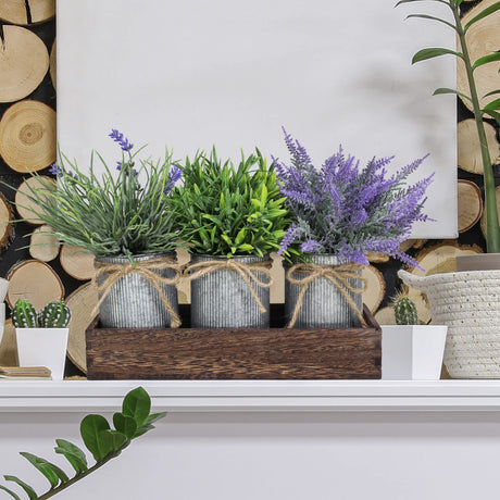 Set of 3 Small Potted Plants Arrangement Artificial Lavender and Grass Plants in Rustic Galvanized Metal Pots with Decorative Wood Tray for Farmhouse Table Centerpiece Windowsill Indoor Greenery Decor Winlyn
