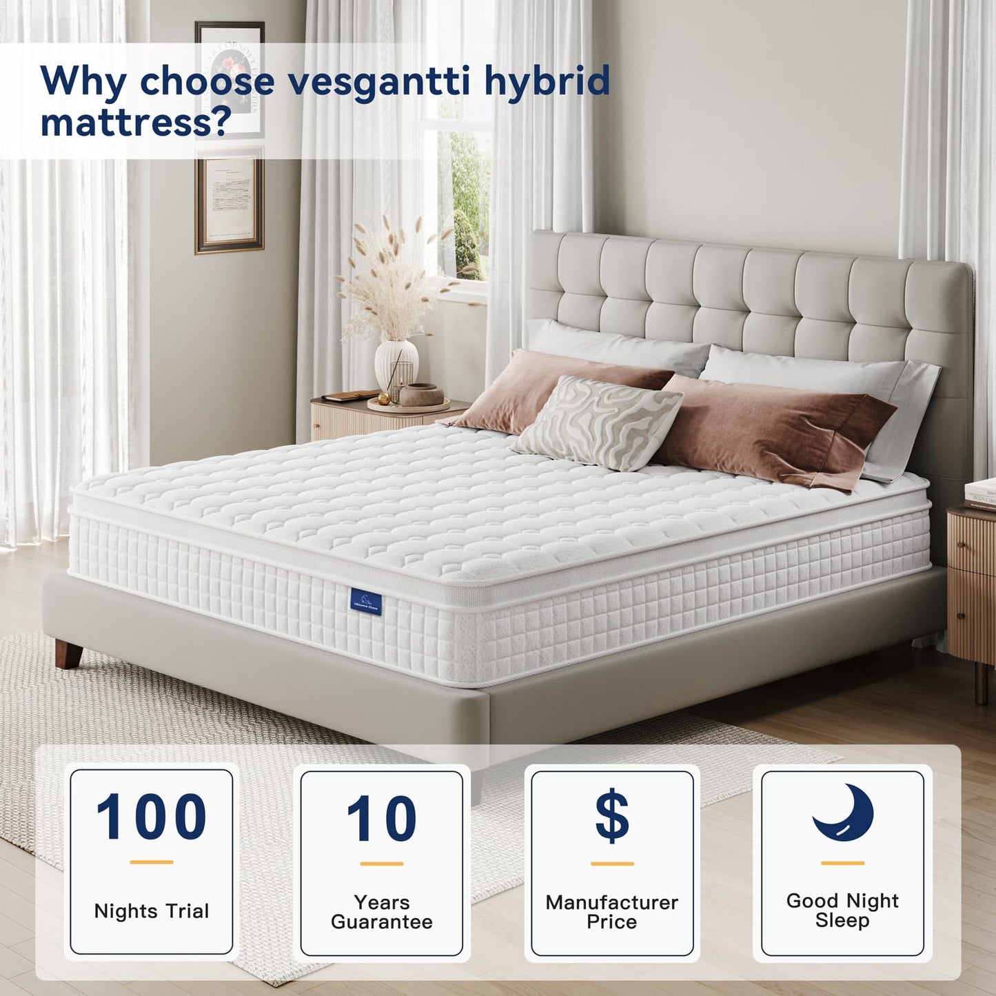 Vesgantti 12 Inch Multilayer Hybrid California King Mattress - Multiple Sizes & Styles Available, Ergonomic Design with Memory Foam and Pocket Spring, Medium Firm Feel, White