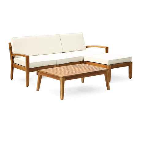 Christopher Knight Home Grenada Sectional Sofa Set | 5-Piece 3-Seater | Includes Coffee Table and Ottoman | Acacia Wood Frame | Water-Resistant Cushions | Teak and Beige, Finish Christopher Knight Home