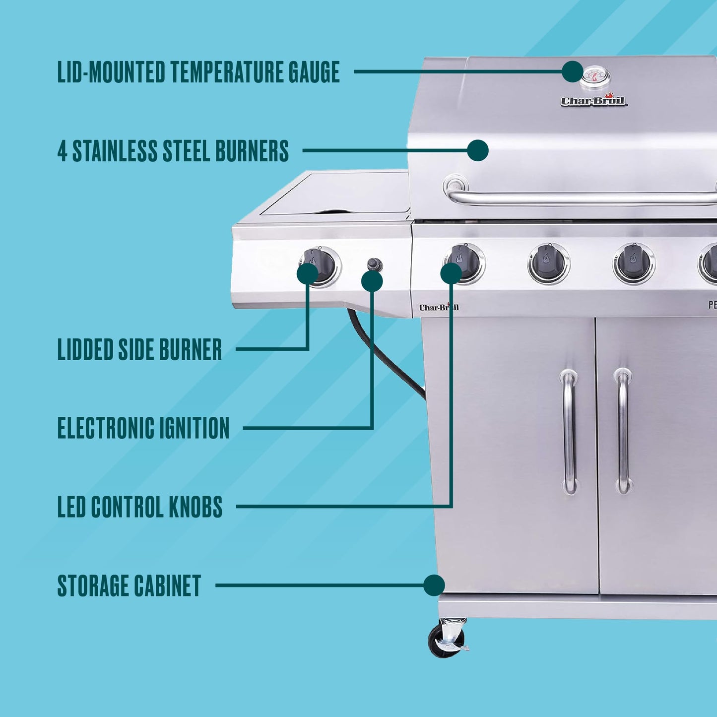 Charbroil Performance Series Convective 4-Burner with Side Burner Cabinet Propane Gas Grill, Stainless Steel - 463354021