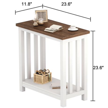 ChooChoo Farmhouse End Tables Set of 2, Narrow Side Tables for Small Spaces, Night Stands with Storage Shelf for Living Room and Bedroom, White and Brown ChooChoo