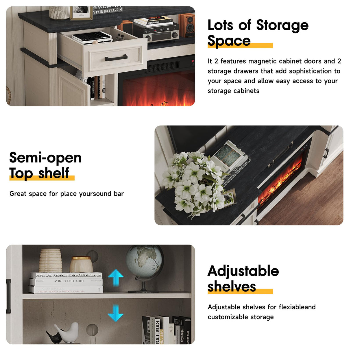 Maupvit Fireplace TV Stand for up to 65 inch TV, Entertainment Center with 23" Fireplace, Farmhouse TV Stands with Electric Fireplace, 2 Storage Cabinets, 2 Drawers for Living Room, White Maupvit