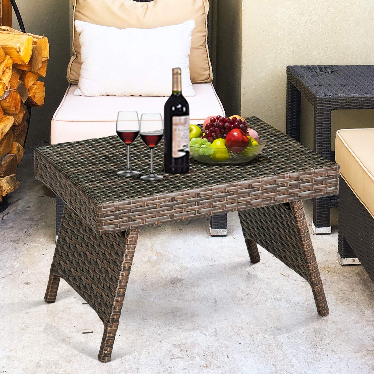 Tangkula Outdoor Folding Wicker Table, Heavy Duty Rattan Foldable Standing Coffee Side Table, for Patio Poolside Lawn Garden Balcony Tangkula