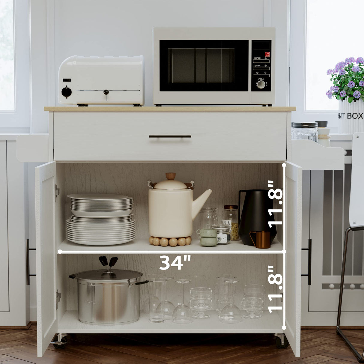 IRONCK White Rolling Kitchen Island with Drop Leaf, Storage Cabinet, and Spice Rack IRONCK
