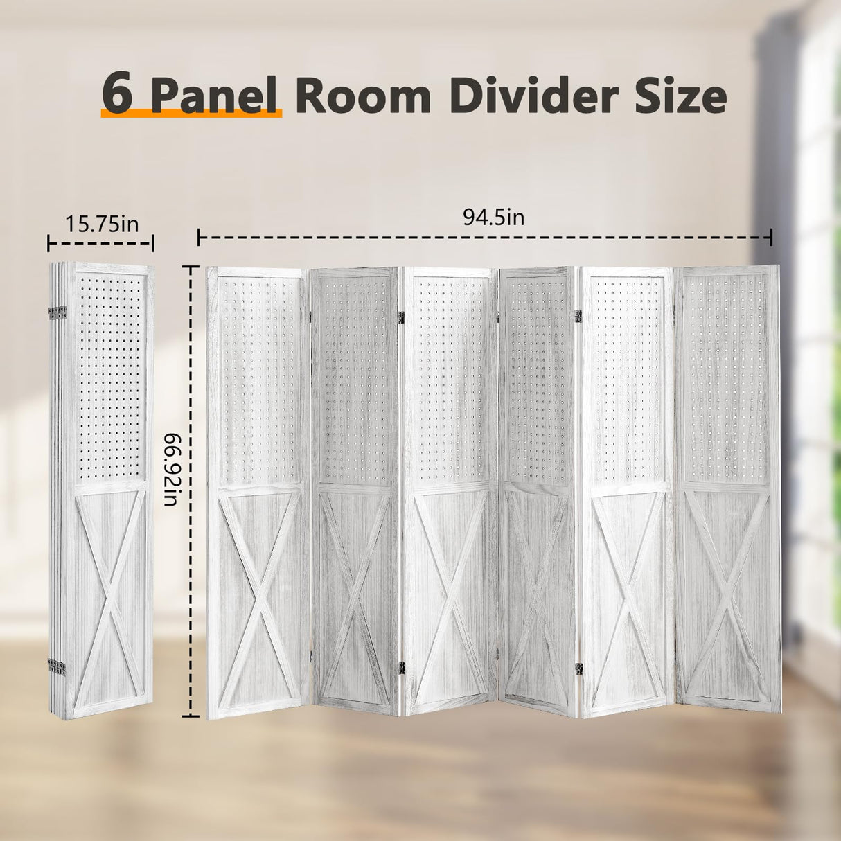 ALeesing 6 Panel Room Divider, 5.6Ft Pegboard Display Wood Folding Privacy Screens, Room Divider Peg Board Display Freestanding for Trade Show Craft Show Home Wall Organizer, Retro White ALeesing