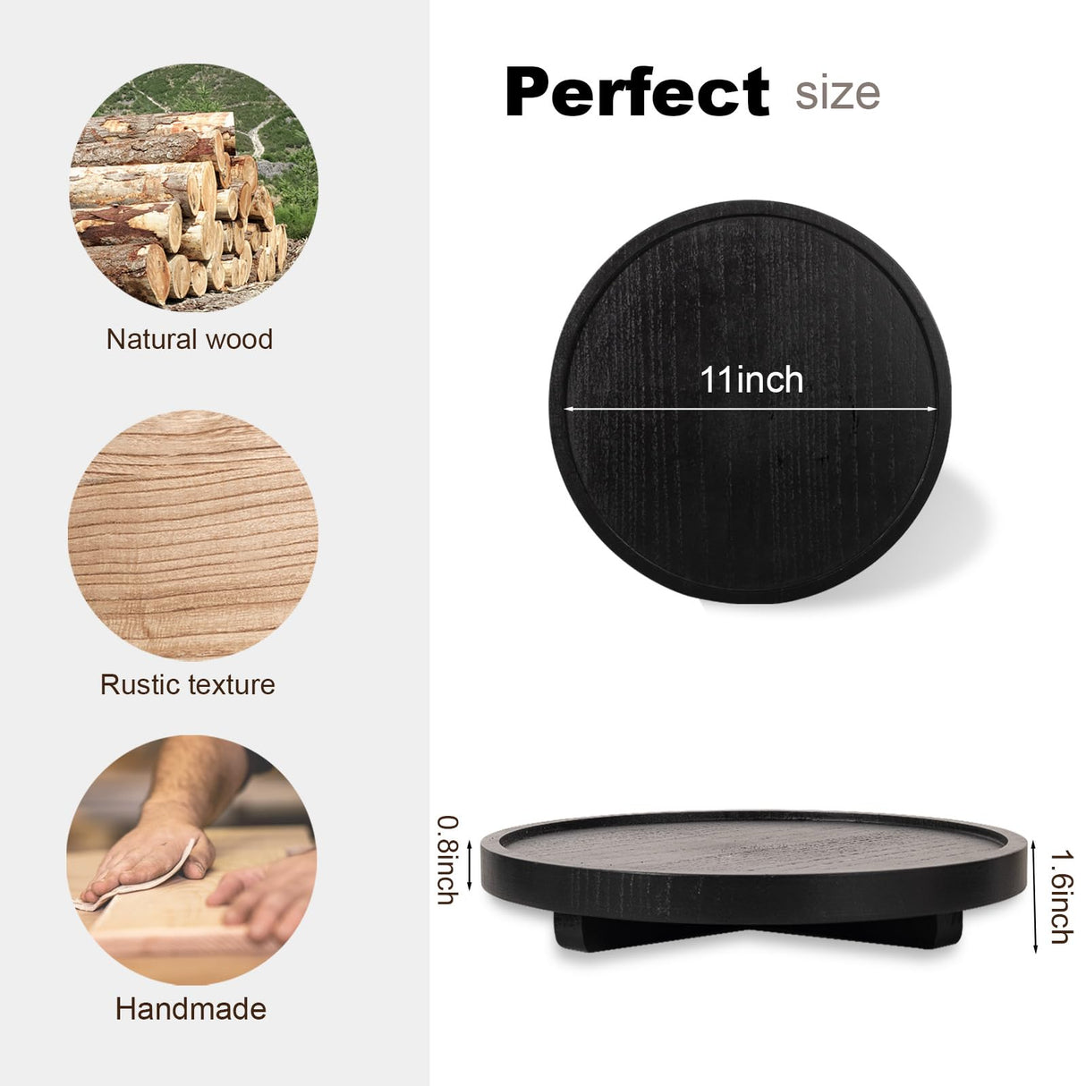 Round Decorative Tray Wood Bathroom Counter Organizer Farmhouse Kitchen Decor Wooden Riser for Soap Dish, Perfume, Candle, Sponge, 11" - Black zoocatia