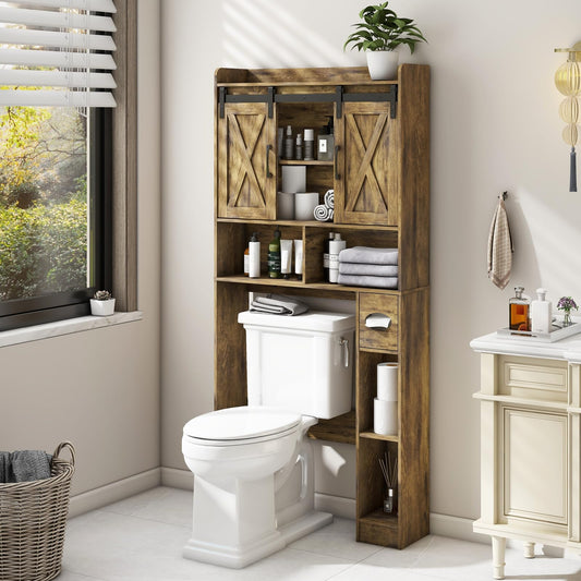 Over The Toilet Storage Cabinet, Farmhouse Storage Cabinet Over Toilet with Sliding Doors & Toilet Paper Holder Stand，Home Space-Saving Toilet Rack, for Bathroom, Restroom, Laundry