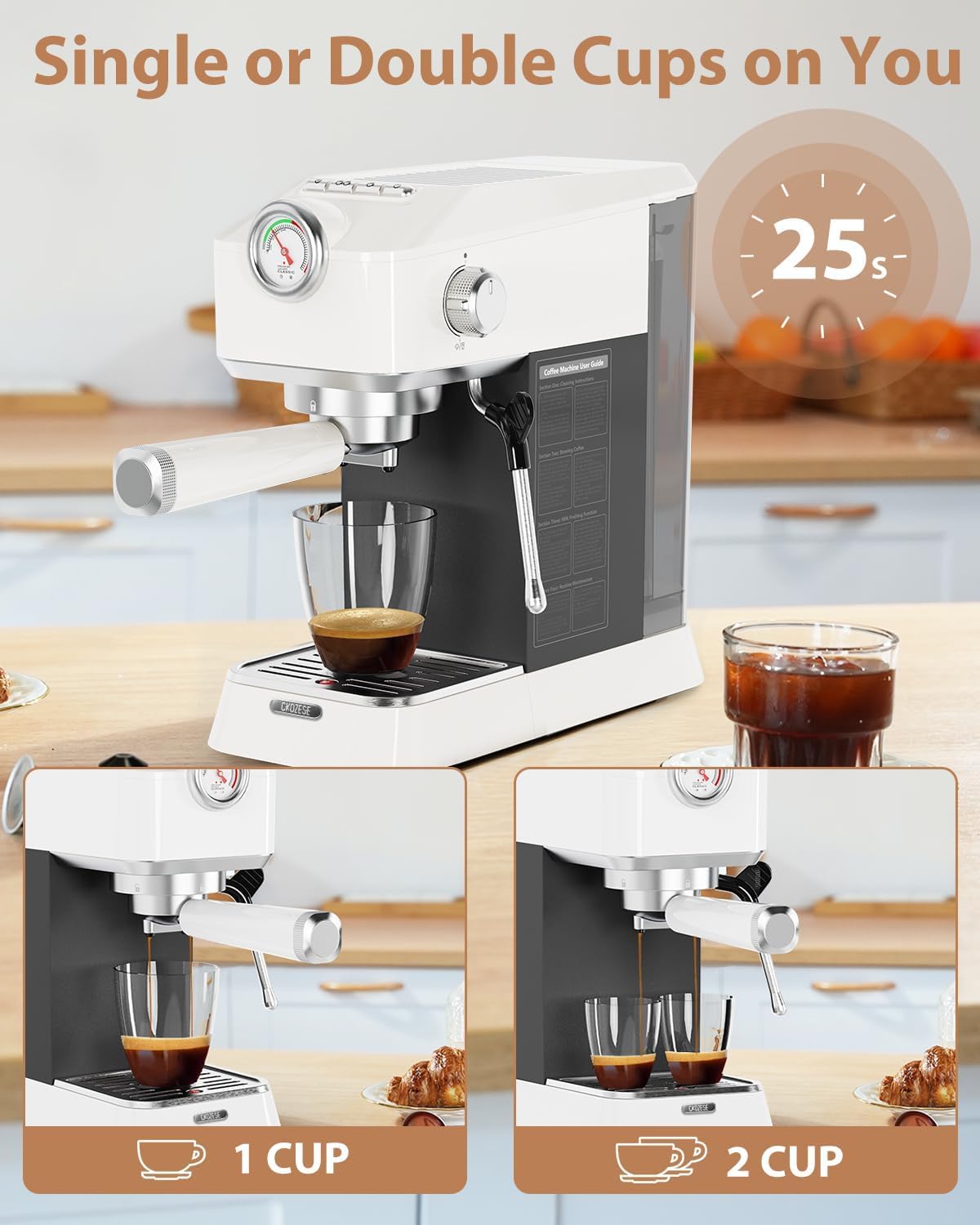 20 Bar Espresso Machine, [2-In-1] Pro Coffee and Espresso Maker with Pressure Gauge/Milk Frother Steam Wand, 1300w Stainless Steel Espresso Coffee Maker with NTC&Pre-Infusion, Latte,Cappuccino