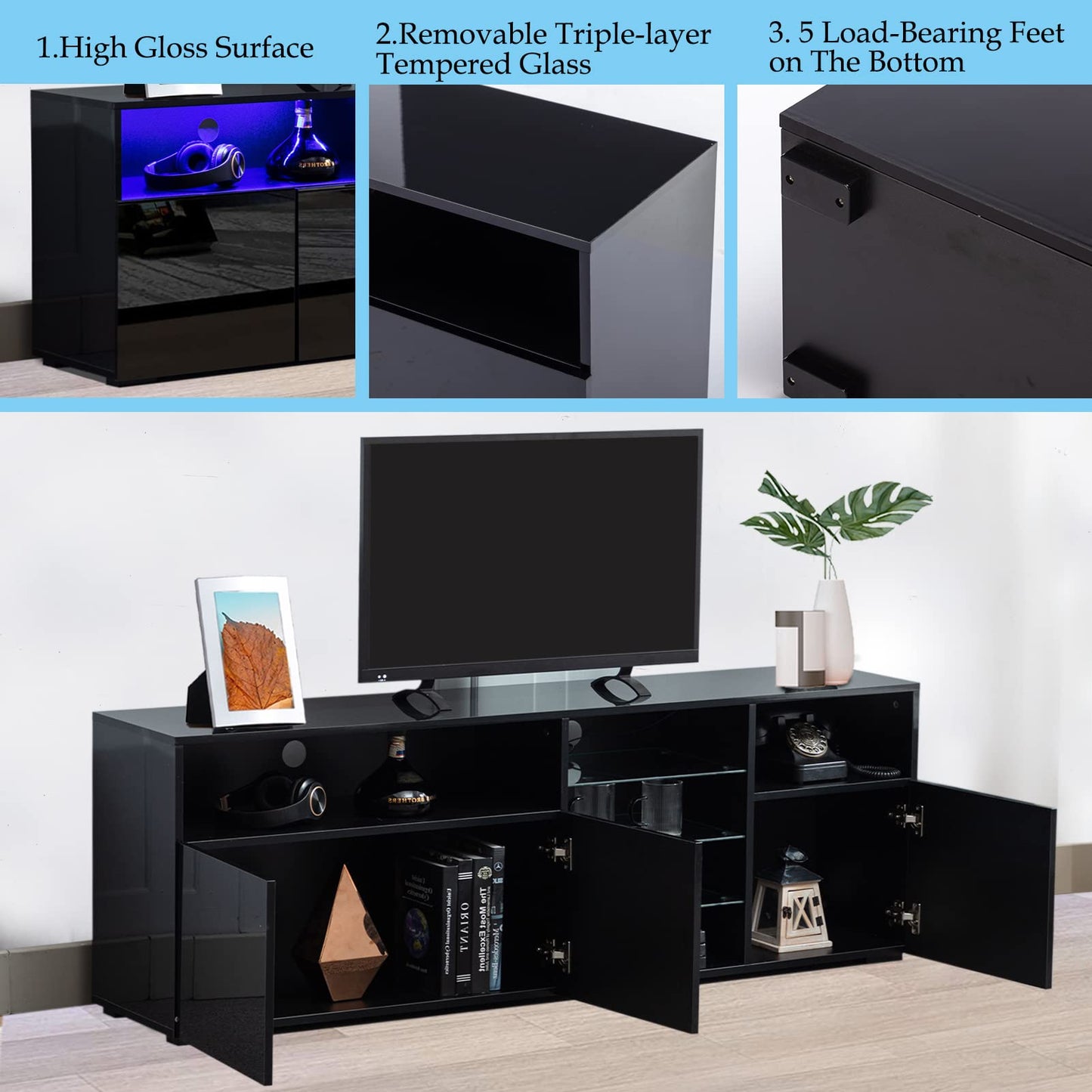 Uspeedy High Glossy LED Stand for 65 inch TV, Modern TV Entertainment Center with Adjustable Storage Shelf, Console Table with RGB LED 20 Color Lighting(63IN Black)