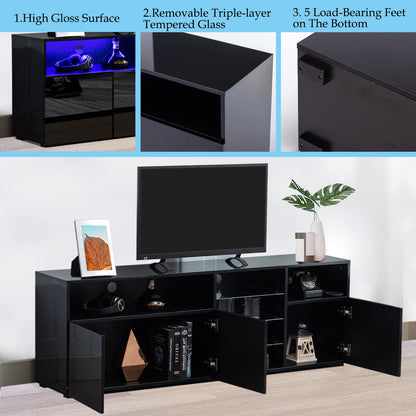 Uspeedy High Glossy LED Stand for 65 inch TV, Modern TV Entertainment Center with Adjustable Storage Shelf, Console Table with RGB LED 20 Color Lighting(63IN Black)