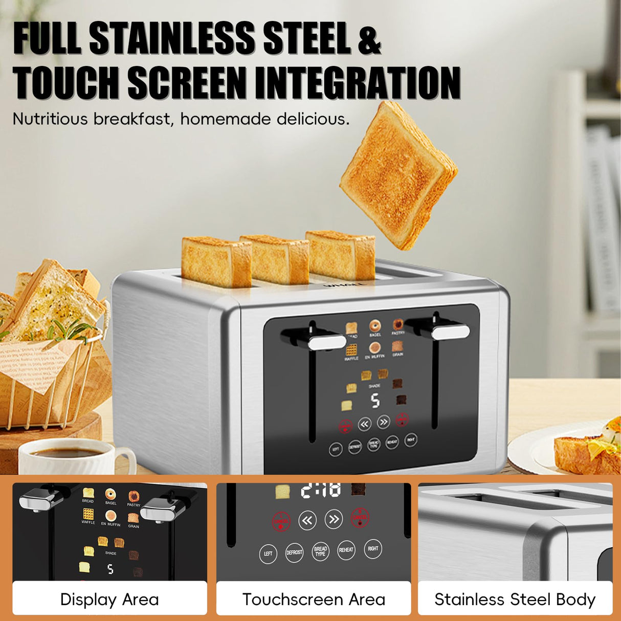 whall 4 Slice Touch Screen Toaster, Stainless Steel Toasters Digital Timer, Dual Control Panel Toasters，6 Shade Settings＆6 Bread Types, Smart Wide Slots, Bagel, Cancel, Defrost, Flat lever Stainless whall