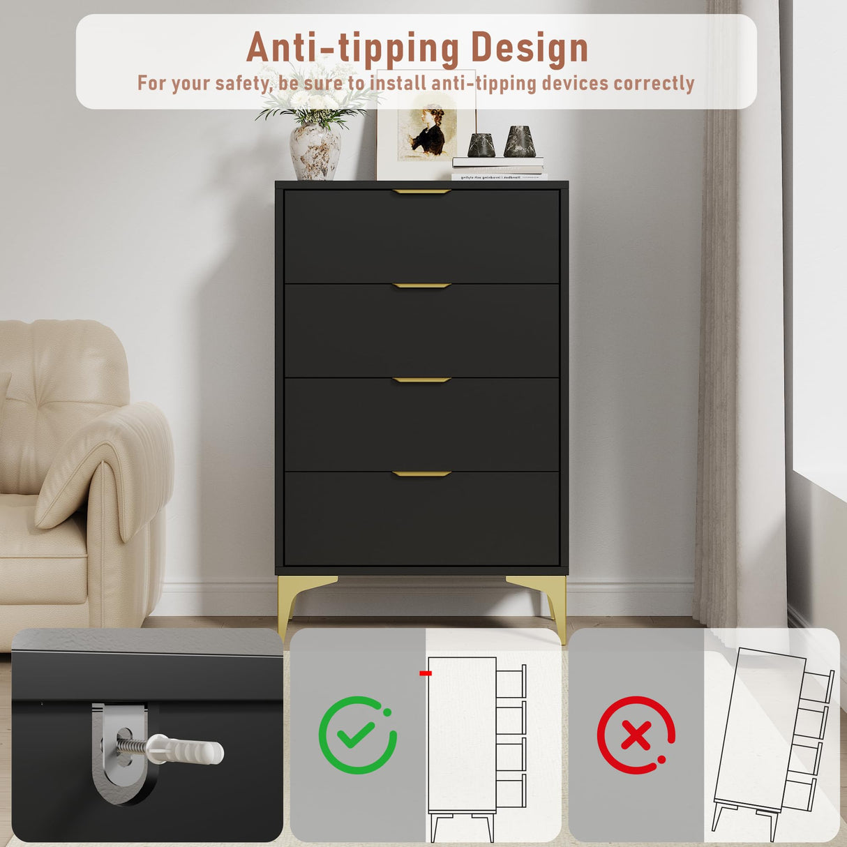 LOUVIXA Dresser for Bedroom with 4 Drawers, Wood Chest of Drawers, Dresser Storage Cabinet, 4 Drawer Dressers for Bedroom, Living Room, Entryway, Cloakroom (Black) LOUVIXA