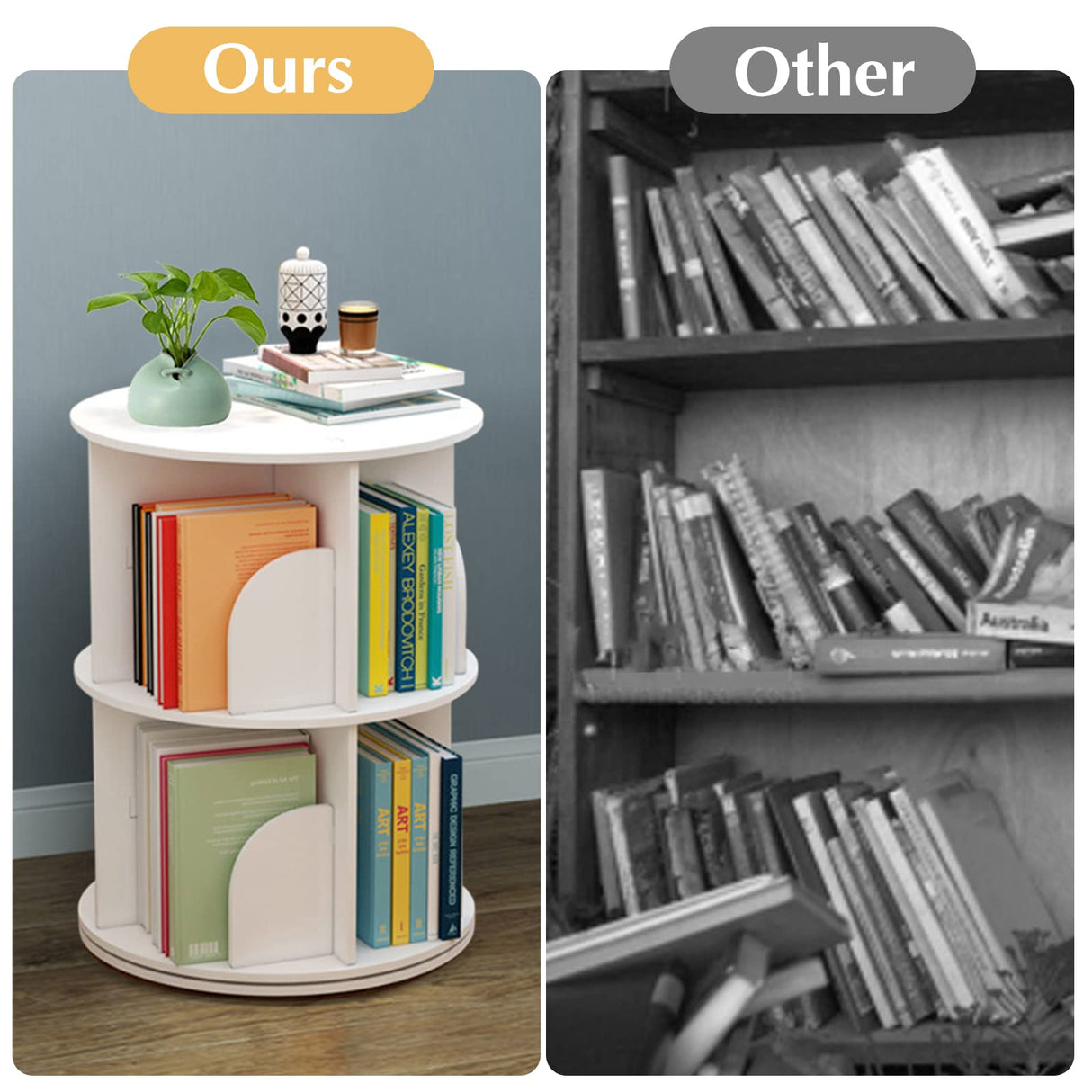 BJTDLLX 360° Rotating White Bookshelf, 2-Tier Freestanding Storage for Home & Office BJTDLLX