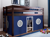 JACKPOT! Contemporary Low Loft Twin Bed with End Ladder, Cherry with Blue & White Tent JACKPOT!