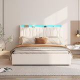 King Size Lift Up Storage Bed Frame, Height Adjustable Storage Headboard with Charging Station, LED Lights Upholstered Platform Bed, Wooden Slat, No Box Spring Needed, Noise-Free, Beige Fameill