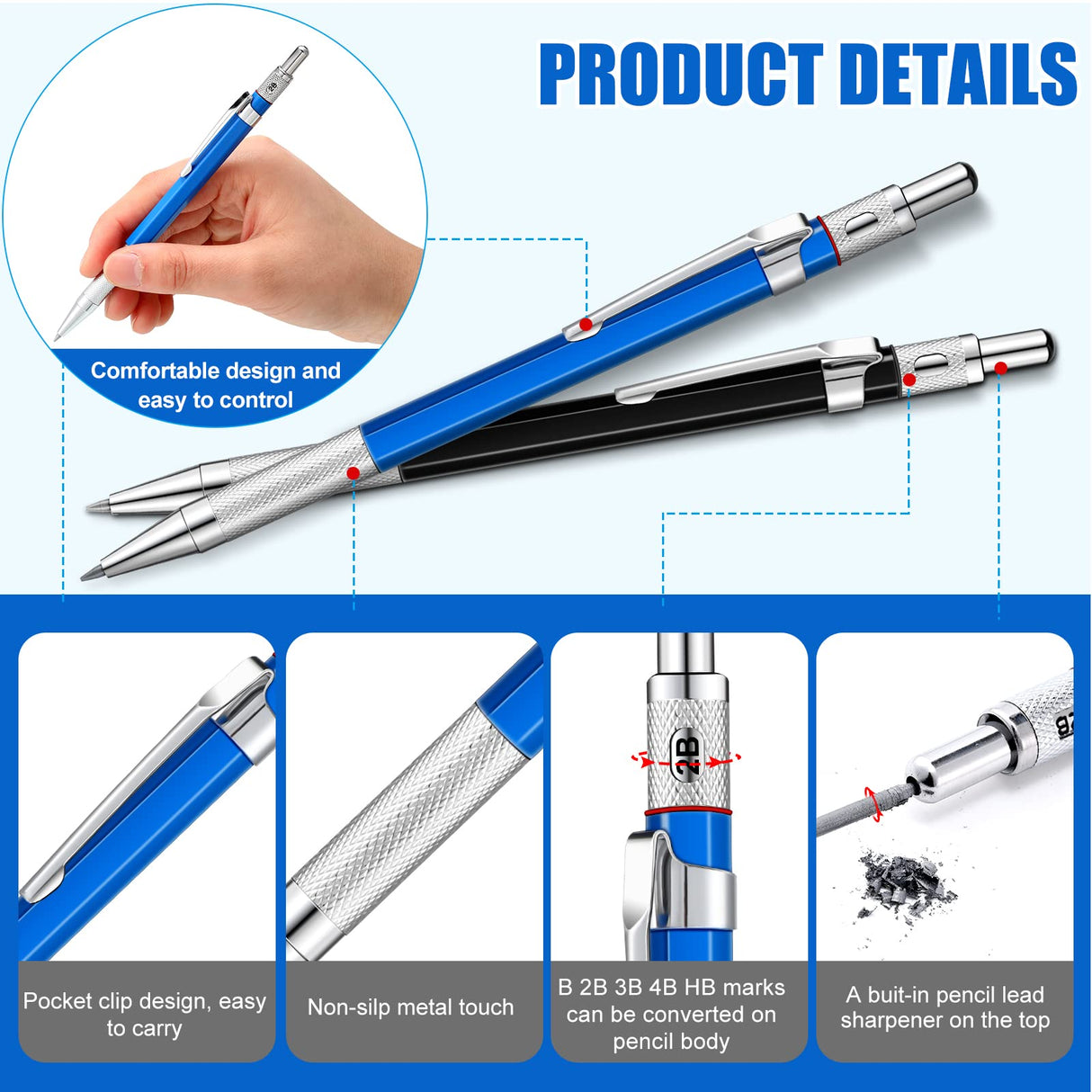2 Pcs Welders Pencil with 48 PCS Round Refills Mechanical Pencils Metal Welding Marker for Tube Pipe Fitter Welder Steel Construction Woodworking (Silver) Gersoniel