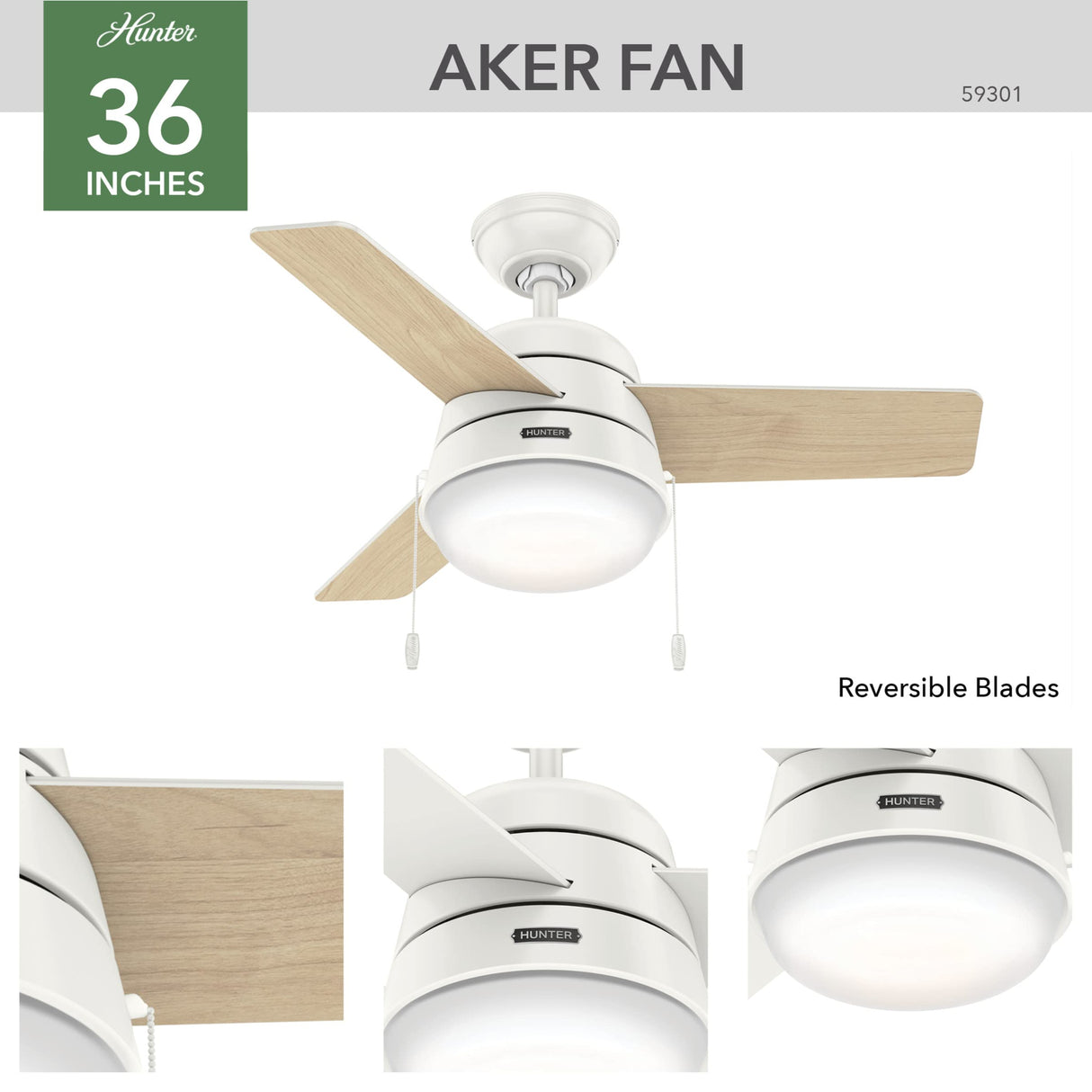 Hunter Fan Company 59301 Aker Indoor with LED Light, Pull Chain Control, 36 Inch, White Hunter