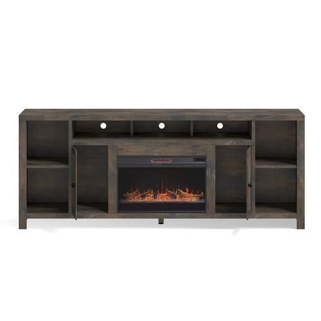 Bridgevine Home Joshua Creek Rustic 84 inch Electric Fireplace TV Stand Entertainment Center with Fireplac for 95 inch TVs, Minimal Assembly, Knotty Alder Solid Wood, Barnwood Finish Bridgevine Home