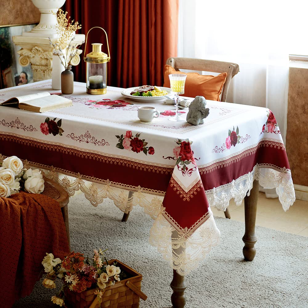 SUTAVIA Floral Lace Tablecloth Farmhouse Waterproof Fabric Table Cover Satin Resistant for Home Kitchen Dining Room Winter Holiday Christmas Party(Burgundy, Rectangle/Oblong,60 x 84 Inch,6-8 Seats) SUTAVIA