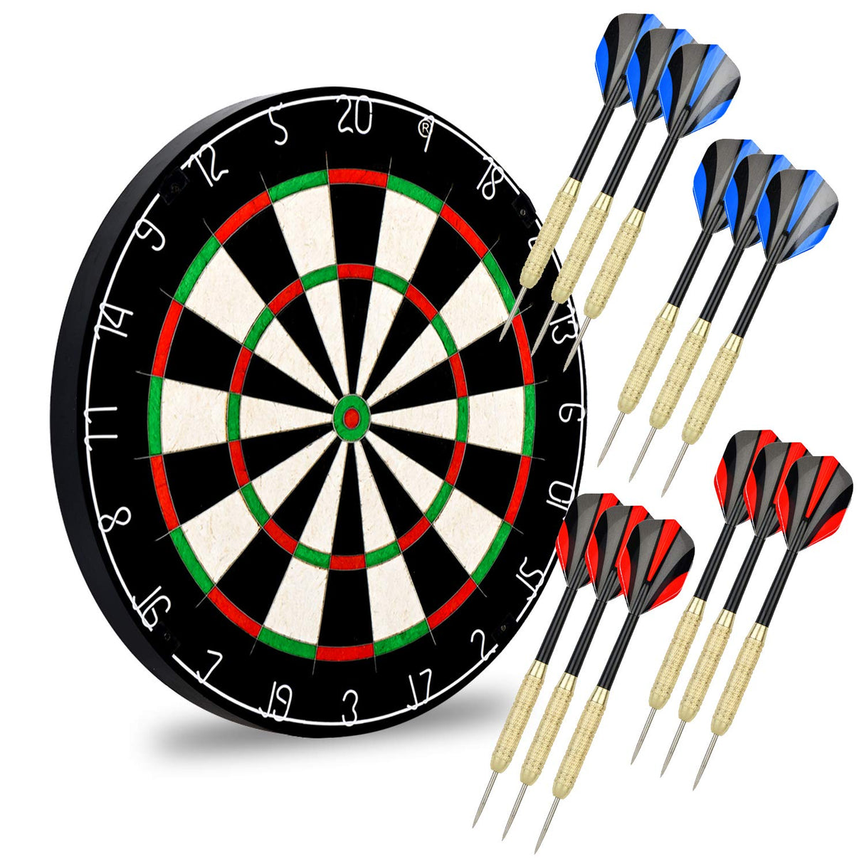 LinkVisions Sisal/Bristle Dartboard with Staple-Free Bullseye 17.8” x1.5 and 12 Steel Tip Darts 18g, Dartboard Mounting Kits Included LinkVisions
