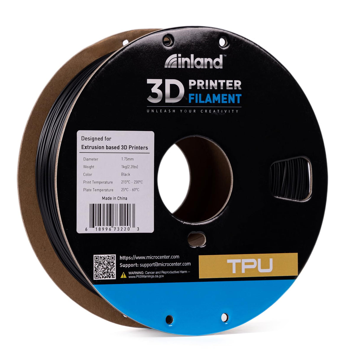 INLAND Micro Center TPU Filament, Black TPU 3D Printer Filament, Shore 95A Flexible Filament, Dimensional Accuracy +/- 0.03 mm - 1kg Cardboard Spool (2.2 lbs) INLAND